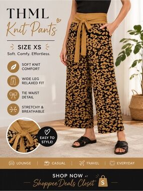 THML Leopard Wide Leg Sweater Pants | XS | Tie Waist Cozy Knit
